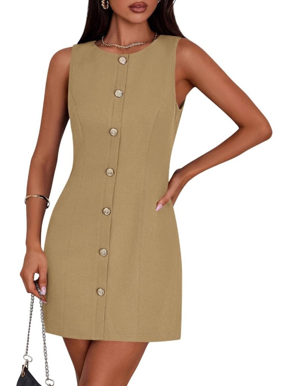 Pretty Garden Women's Khaki Formal Sleeveless Button Down Elegant Mini Dress